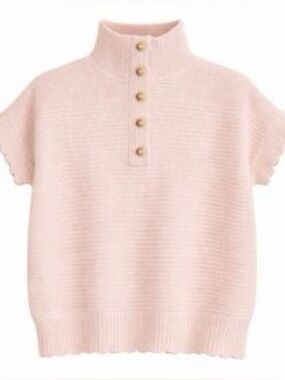 FRNCH Light Pink Short Sleeve Mock Neck Button Sweater